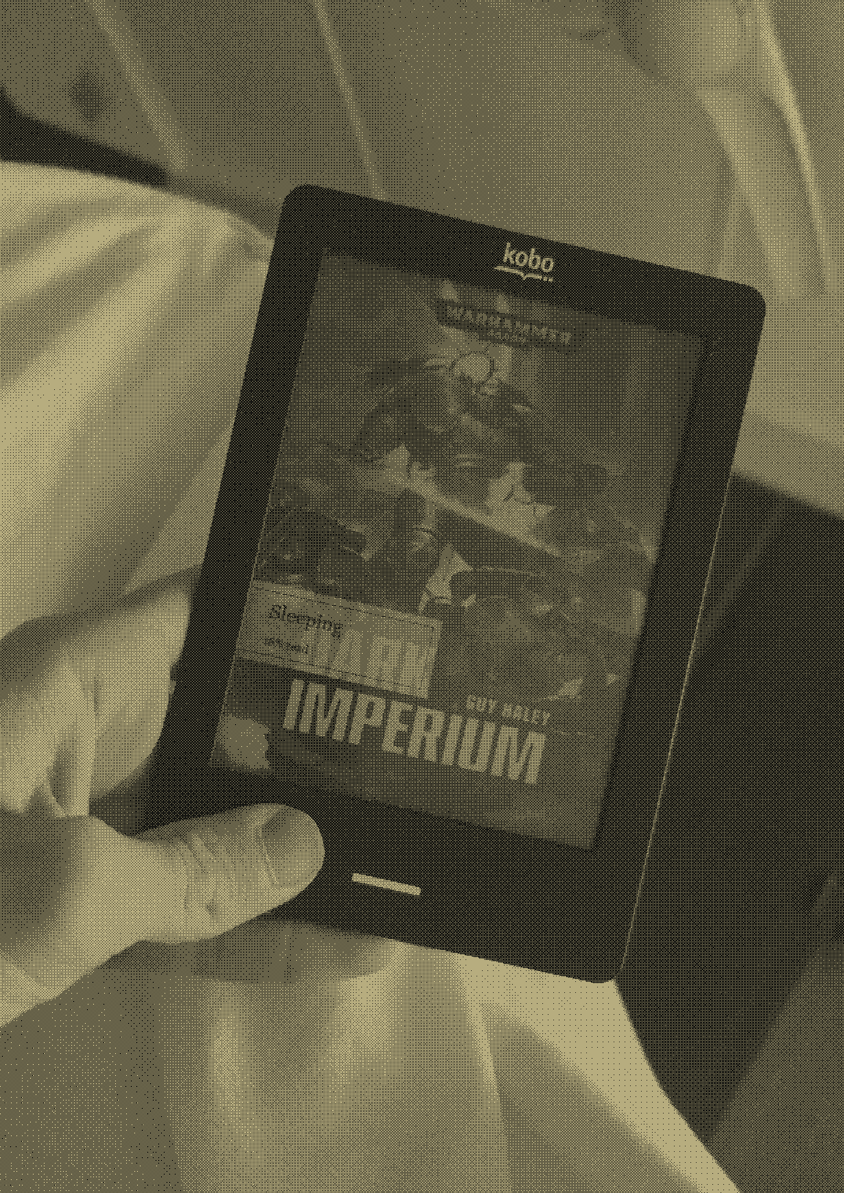 A well-used Kobo e-reader displaying Dark Imperium, photographed in Richards Bay.