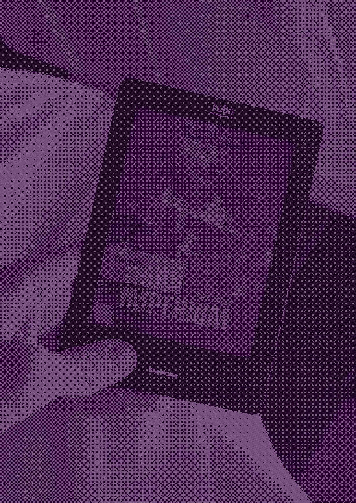 A well-used Kobo e-reader displaying Dark Imperium, photographed in Richards Bay.